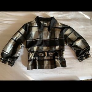 Puli Metallic Plaid Cropped Jacket w/ Studded Belt